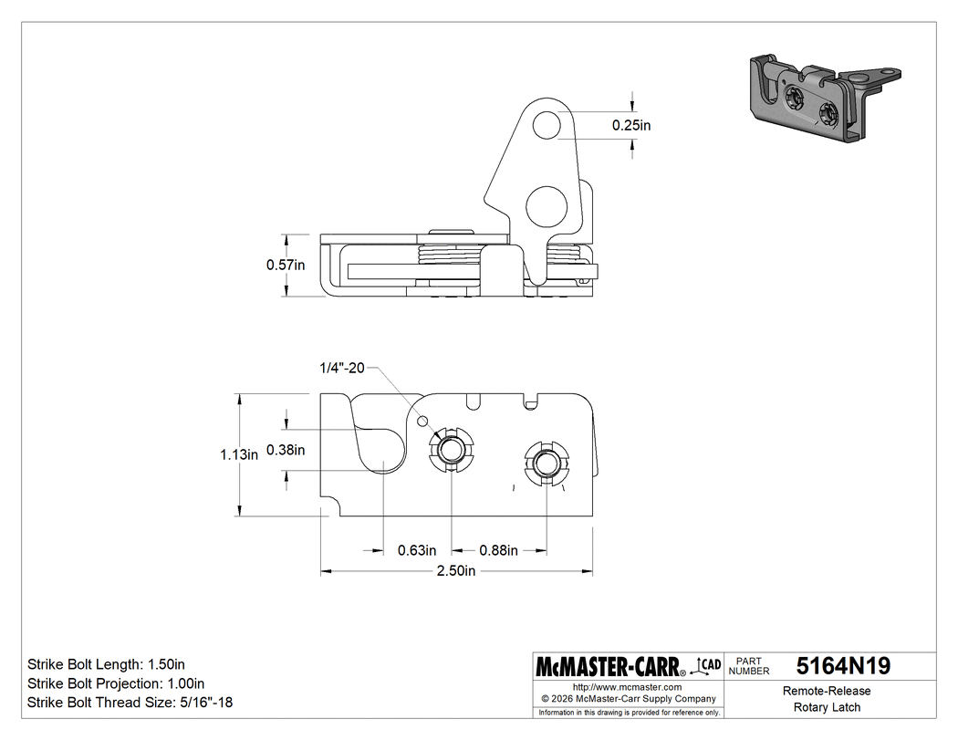 Technical Drawing of Remote-Release Rotary Latch, 300 Series Stainless Steel, Right-Side Door Mount.